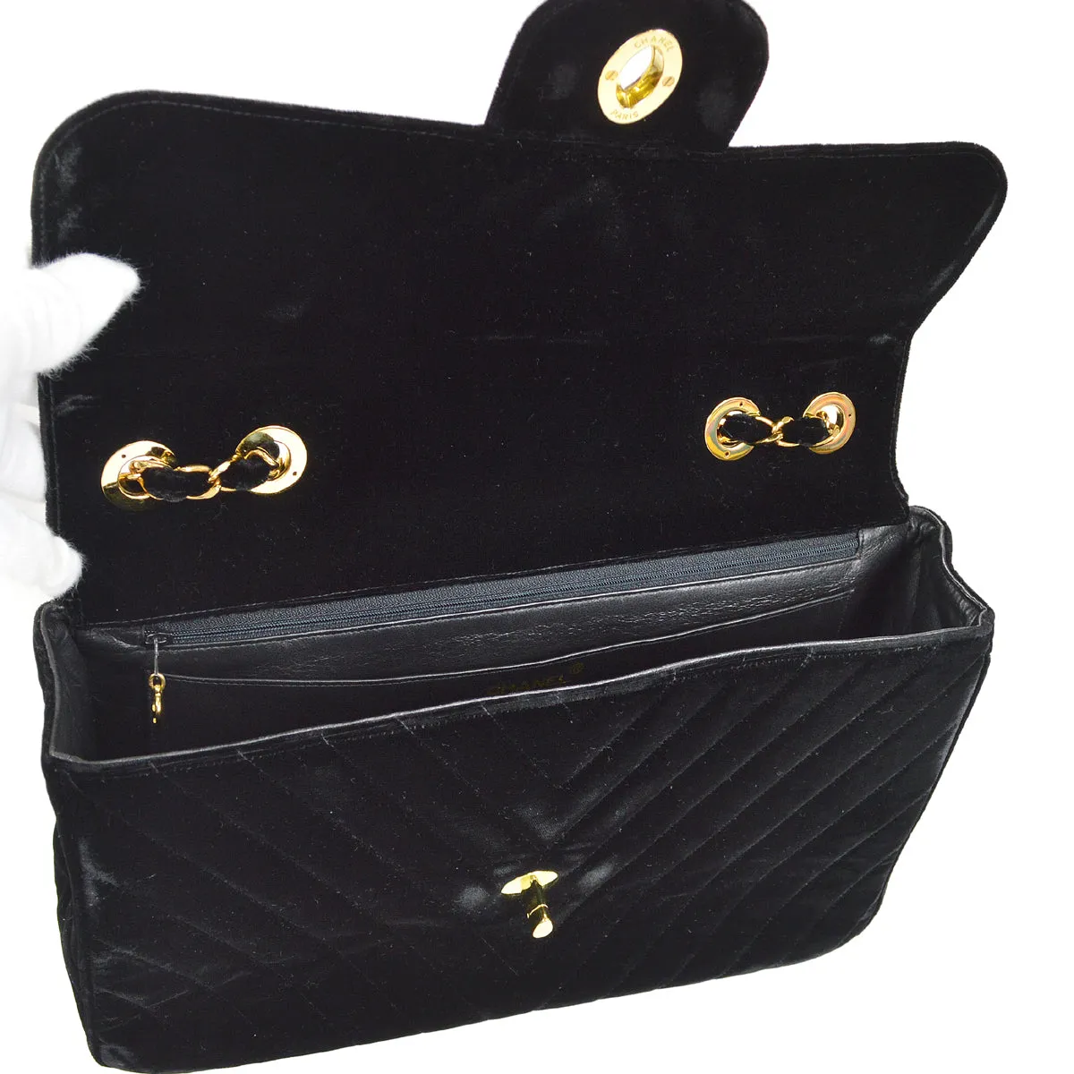 CHANEL * 1990s Black Velvet Chevron Classic Flap Maxi
