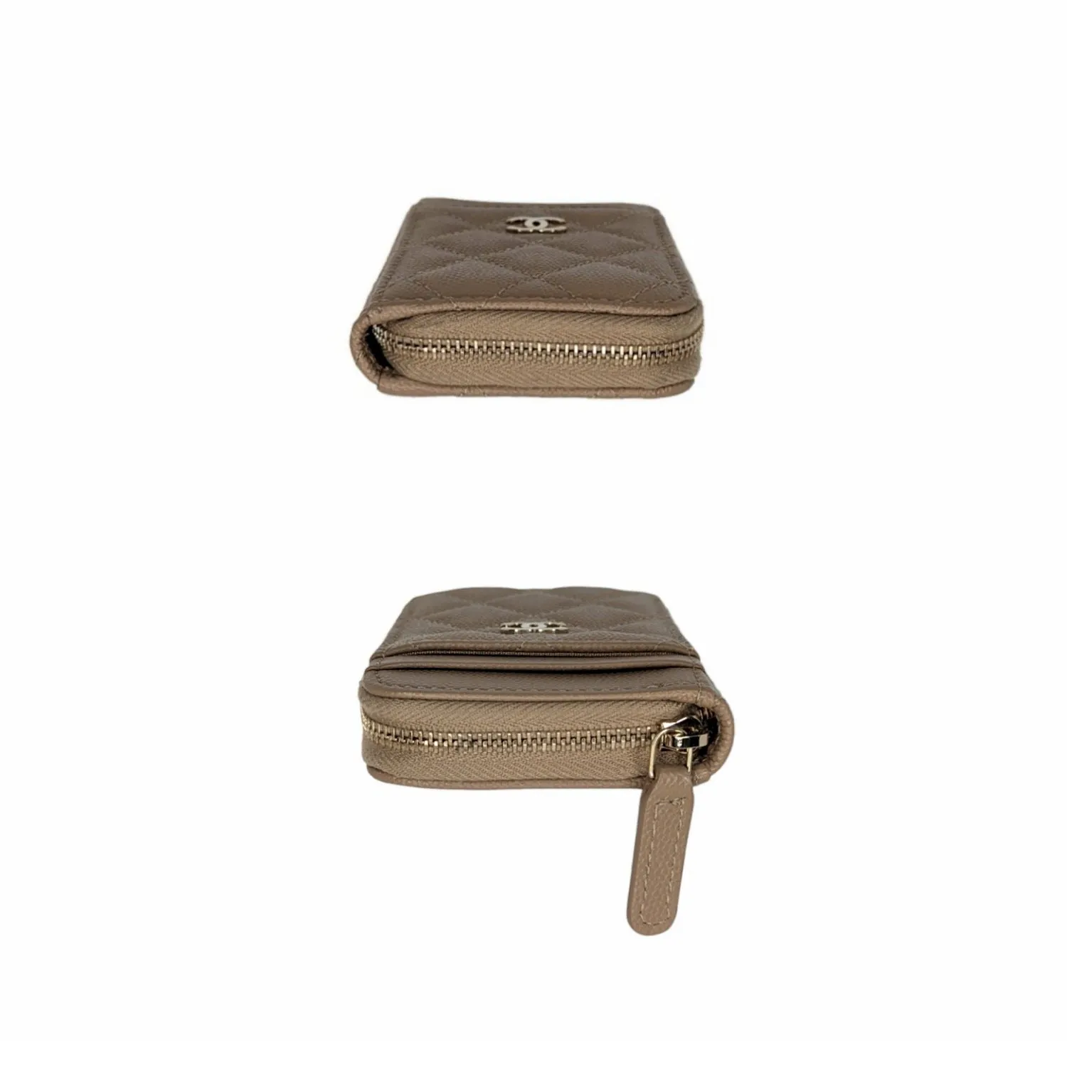 Chanel 2022 Caviar Quilted Zip Card Holder Beige