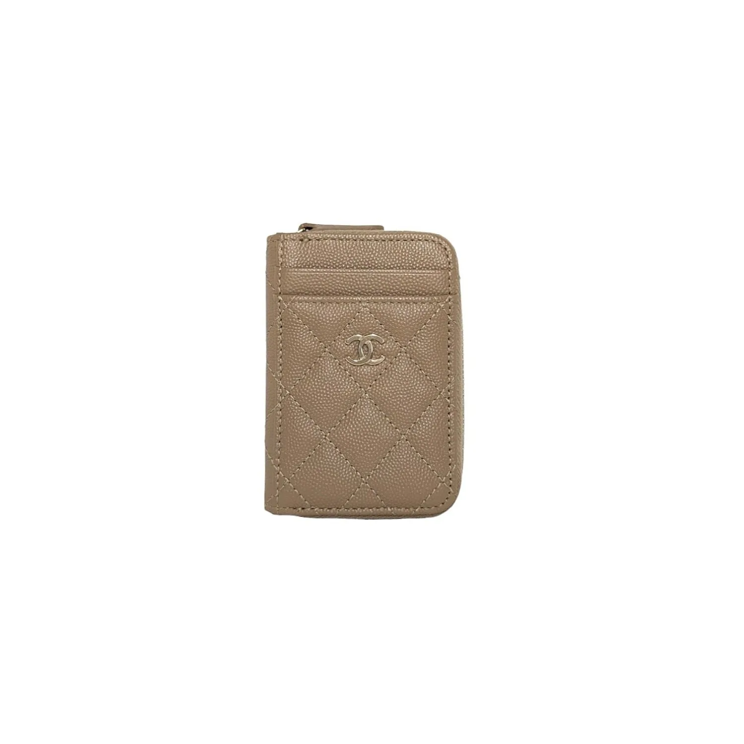 Chanel 2022 Caviar Quilted Zip Card Holder Beige