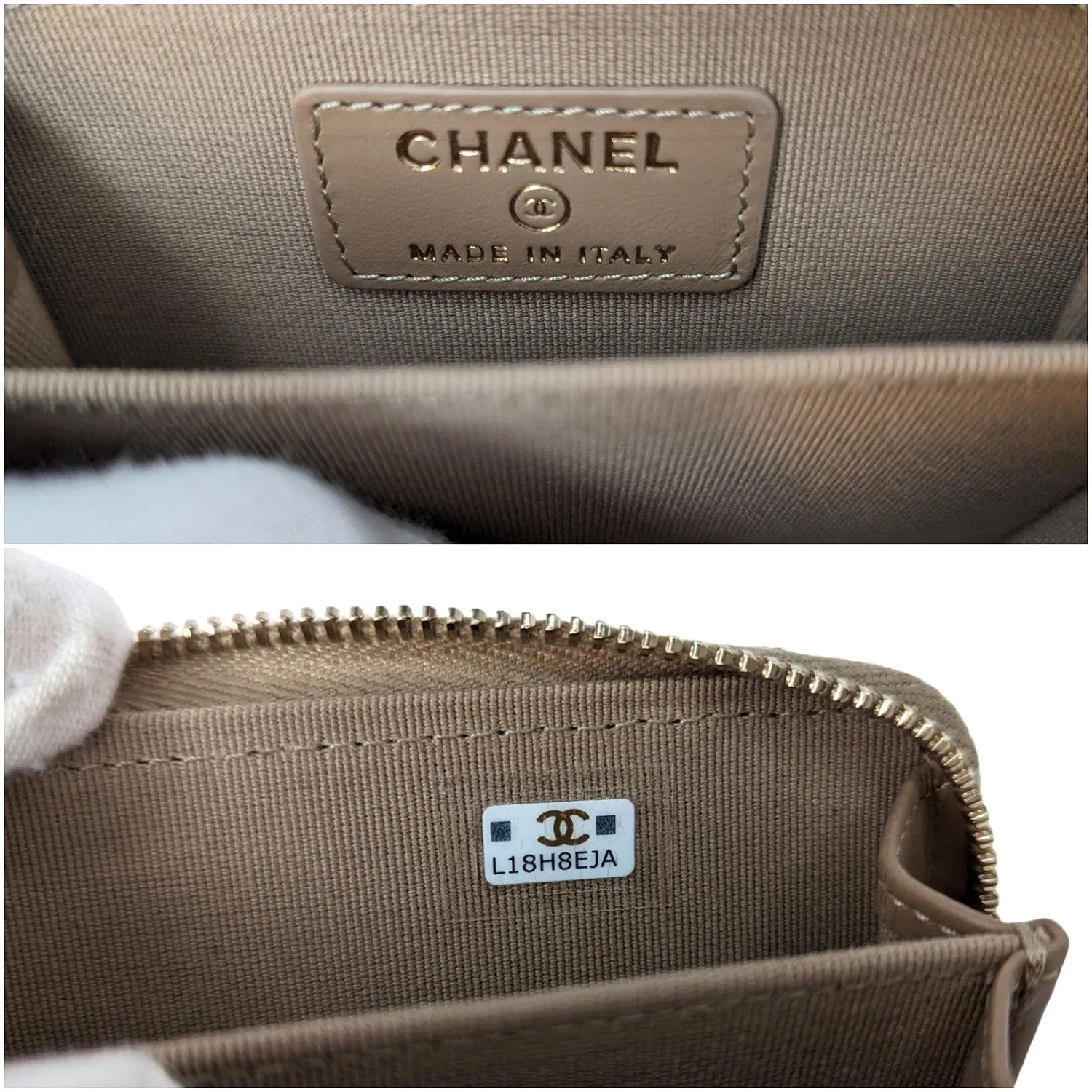Chanel 2022 Caviar Quilted Zip Card Holder Beige