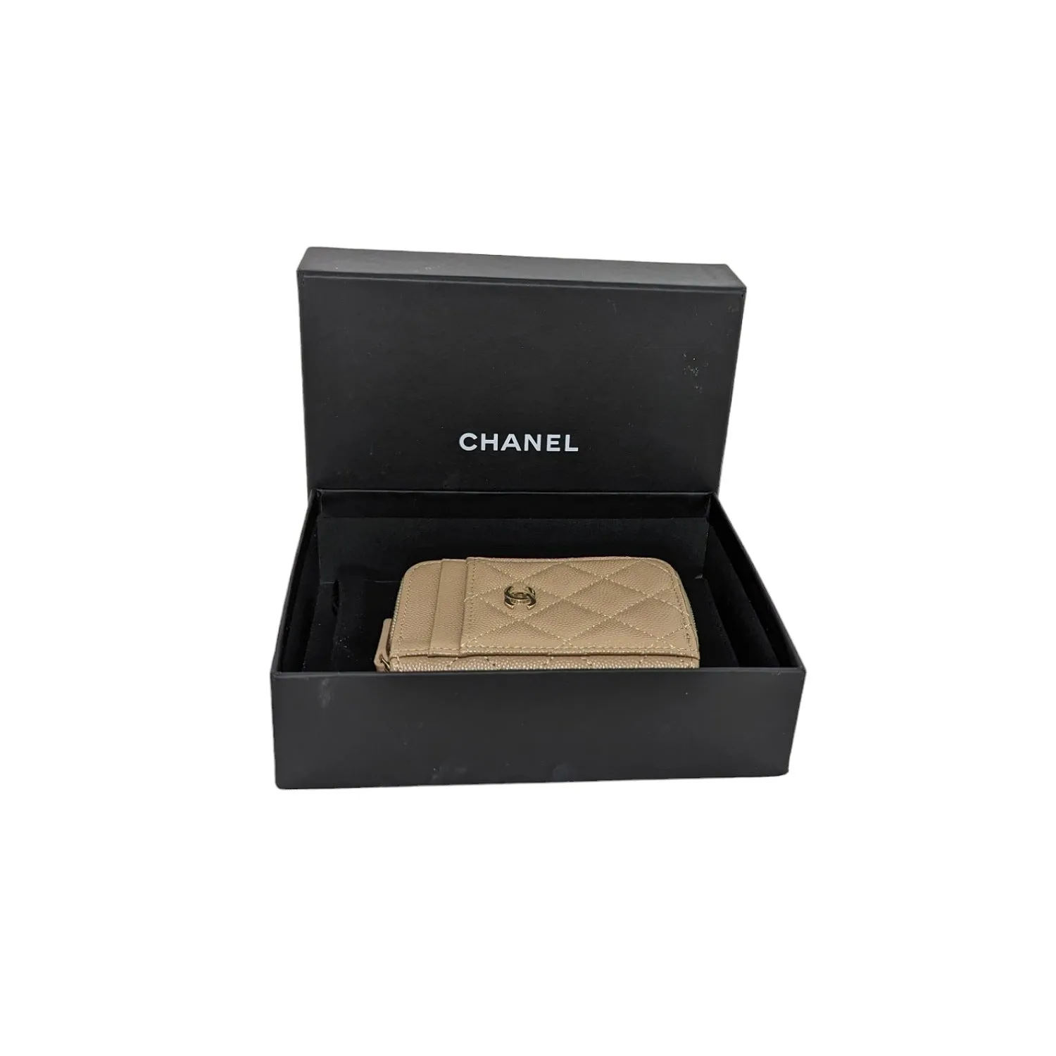 Chanel 2022 Caviar Quilted Zip Card Holder Beige