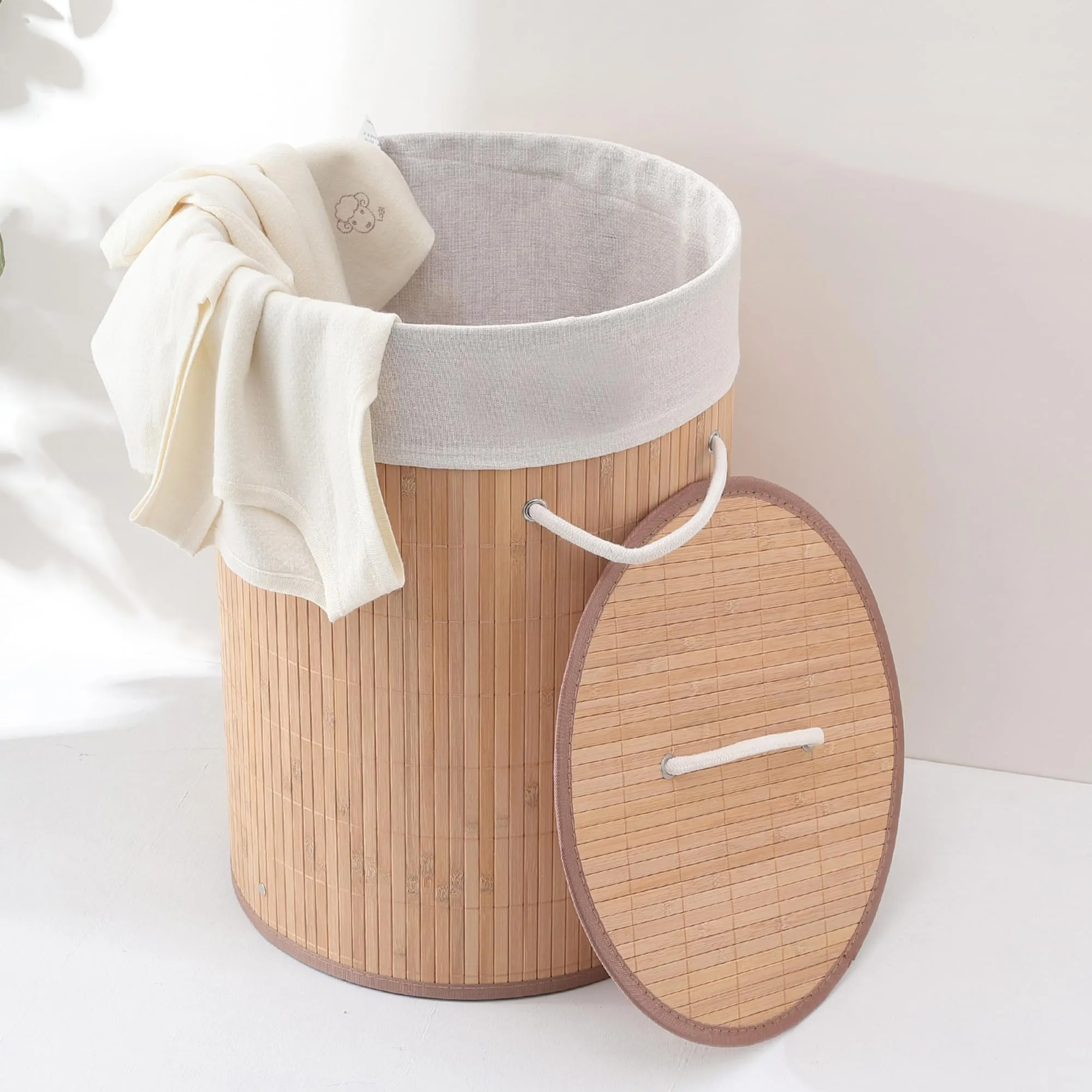 Kuber Industries Pack of 2 Rectangle Bamboo Laundry Basket For Clothes With Lid | 72 Ltr Washing Clothes Storage Bag & Laundry Box - Light Brown