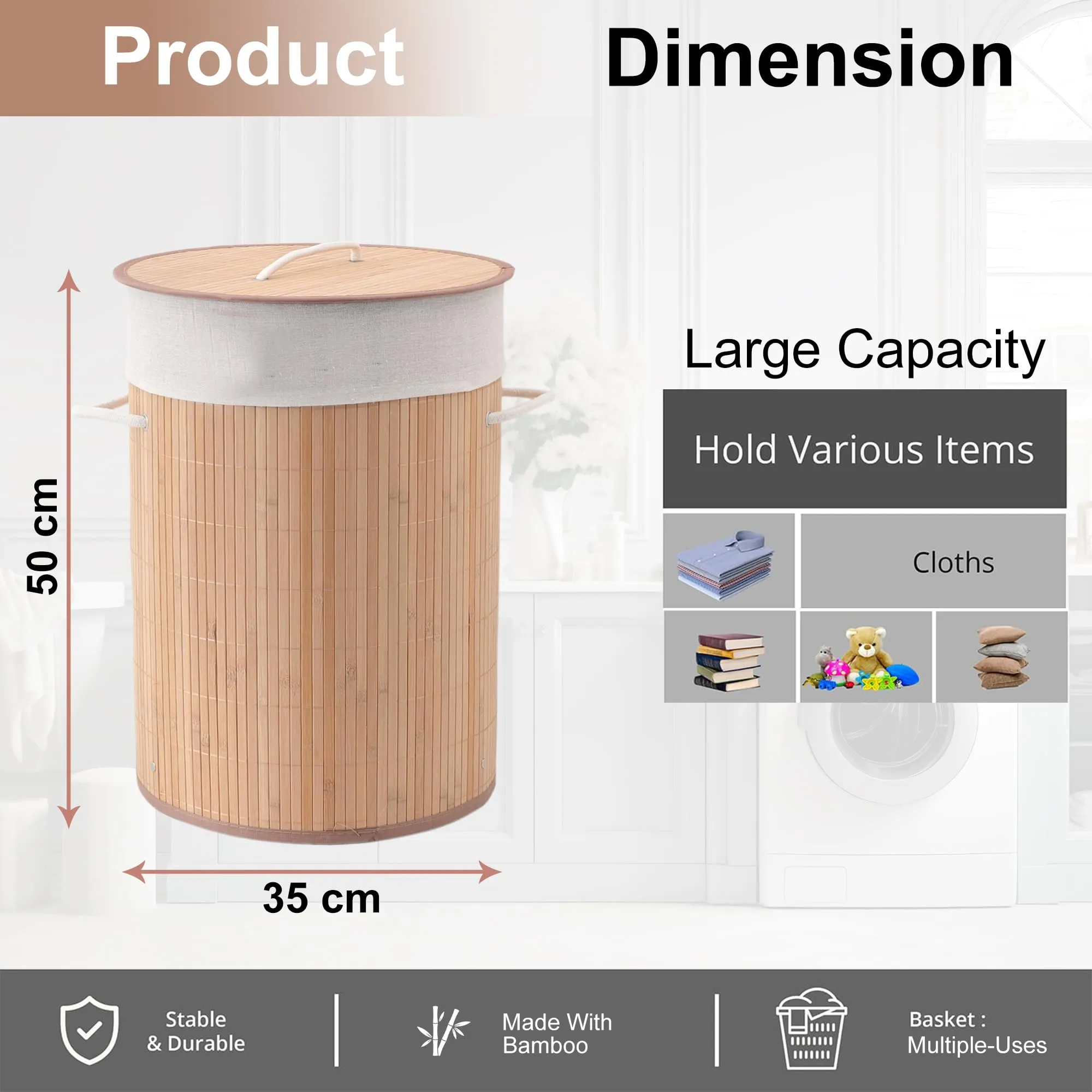 Kuber Industries Pack of 2 Rectangle Bamboo Laundry Basket For Clothes With Lid | 72 Ltr Washing Clothes Storage Bag & Laundry Box - Light Brown