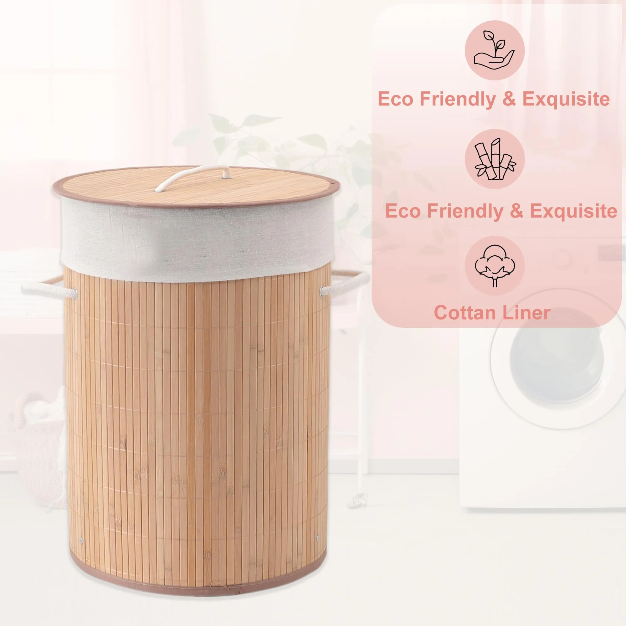 Kuber Industries Pack of 2 Rectangle Bamboo Laundry Basket For Clothes With Lid | 72 Ltr Washing Clothes Storage Bag & Laundry Box - Light Brown