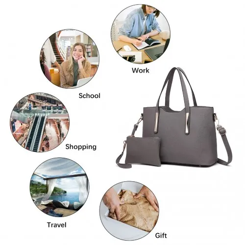 Miss Lulu Grey PU Leather Handbag & Purse - Stylish and Spacious | High-Quality Women's Bag