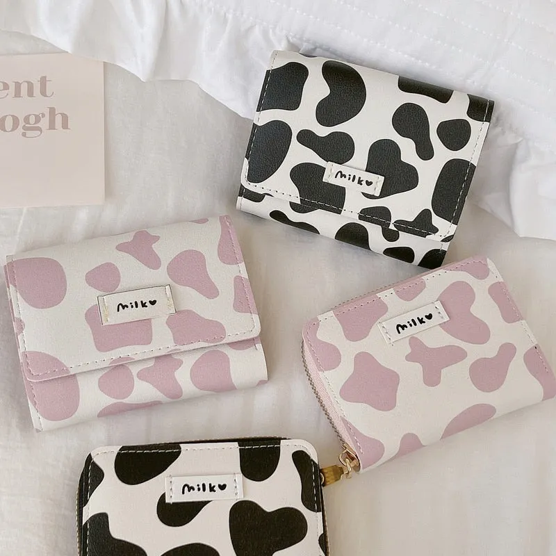 Women&#39;s Cute Wallet Cow Print PU Leather Business Card Holder Female Girl&#39;s Coin Purse Pouch Women Tri-fold Cartoon Short Wallet